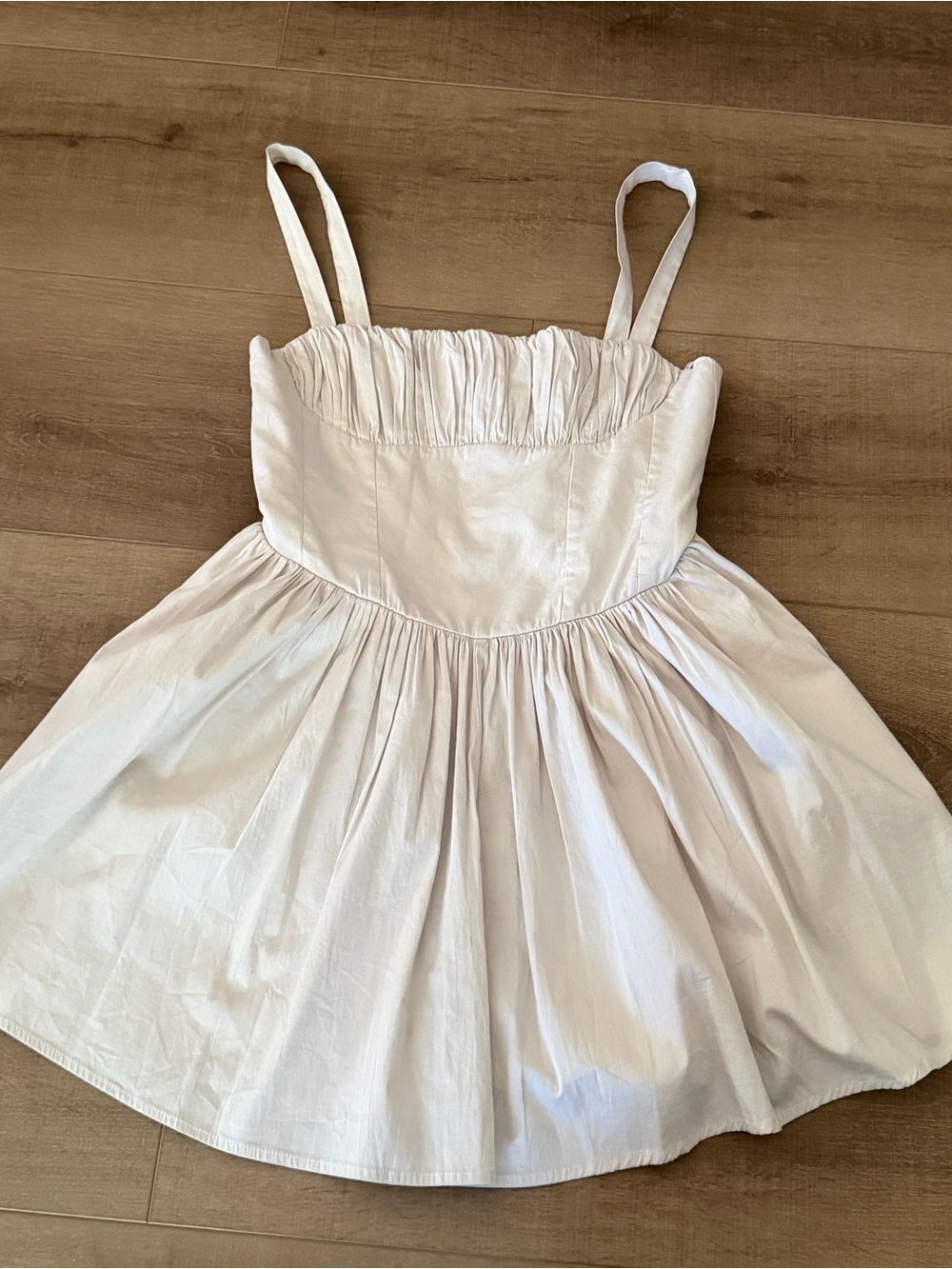 Zara Dress NEW Medium Beige Cotton Shirred Straps Sleeveless Mini Fit Flare Chic - Picture 5 of 16